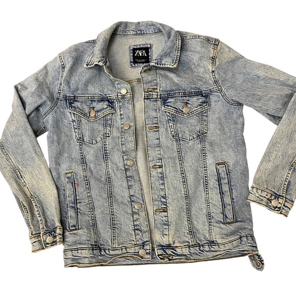 Zara Denim trucker Jacket Long Sleeve Pockets Cotton Blend Light Blue Size Small - Picture 6 of 12